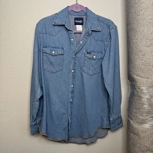 Camisa Wrangler Para Hombres Denim Mediana Perla Occidental Botón a Presión Vaquero Rodeo Ropa de Trabajo - Imagen 1 de 4