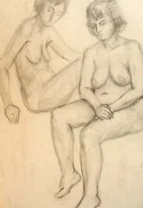 Vintage impressionist pencil painting nude females portrait signed - Imagen 1 de 12