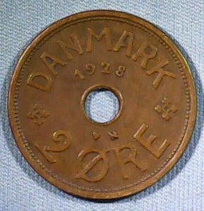 1928 DENMARK 2 ORE - AU to UNC- CONDITION - FREE U.S. / $12.50 WORLD SHIPPING - Picture 1 of 2