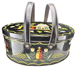 VTG 1950s Dutch Cottagecore Sewing Tin Box Oval Handles 11" Long 4.25" T Folk Ar - Picture 1 of 23