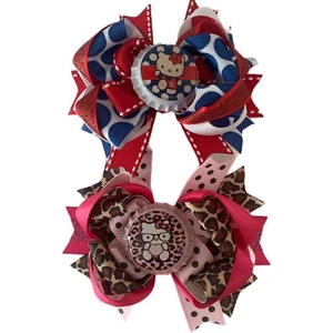 Handmade Hello Kitty Girls Hair Bows Clips Ribbons Party Barrettes Pink Red Blue - Picture 1 of 14