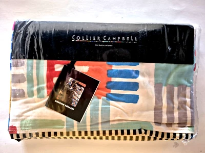Vintage 1991 COLLIER CAMPBELL Queen Flat Sheet Dancing Squares Boho NEW NIP HTF - Image 1 of 4