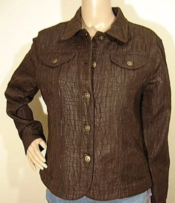 RUBY RD. Chaqueta de camionero de cocodrilo con botones para mujer 12 nueva sin etiquetas marrón brillante metálico Foto 1 de 4