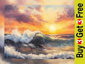 Ocean Wave at Sunset 5"x7" Print on Matte Paper | Vibrant Coastal Painting - Picture 1 of 7