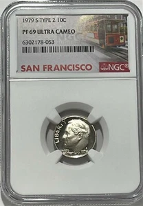 1979 S Type 2 GEM Proof Roosevelt Dime NGC PF69 Ultra Cameo 10c Trolley Label - Picture 1 of 3