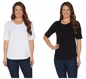 Denim & Co Essentials Perfect Jersey 2-Pack Elbow Sleeve Tops Black White Basic - Picture 1 of 5
