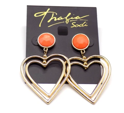 Pendientes Thalia Sodi Doble Corazón Poste Gota Tono Dorado Naranja Coral Rosado 2-3/8 Foto 1 de 3
