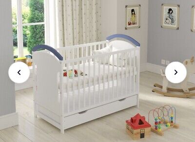 Baby Cot Bed 120 X 60 White Wood 0-3 Years BLUE/ WHITE - *see Description* • 20£