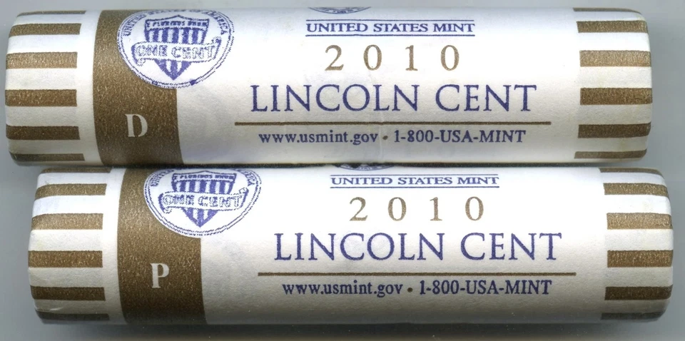 2010 Lincoln Cent Penny Rolls US Mint Philadelphia + Denver 50-Coin Unc - P584 - Image 1 of 1