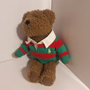Ralph Lauren Stuffed Teddy Bears Plush 14" Red Green Striped Polo 2005 Brown - Picture 1 of 5