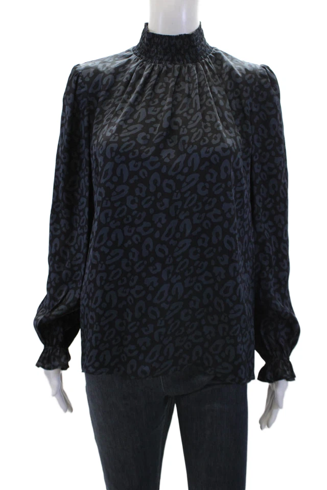 Blusa Top Tucker Mujer Seda Estampado Animal Cuello Alto Manga Larga Negra Talla S Foto 1 de 4