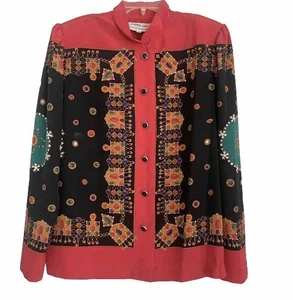 Vintage 80er Jahre Juwel Print Bluse Damen Gr. 14 Maximalist Top Fuscia schwarz Shirt - Bild 1 von 9