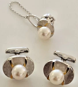 Designer 1960's 18K Gold & Sterling Silver with 8.5mm Pearl Cufflinks & Tie Pin - Picture 1 of 11