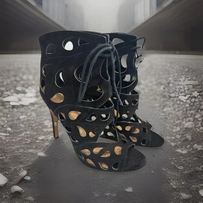 Botines ALDO de gamuza negros punta abierta corte láser con cordones tacón alto para mujer 7,5   Foto 1 de 4