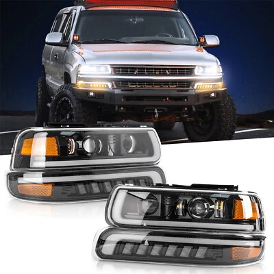 Fits 99-02 Chevy Silverado 00-06 Tahoe LED Projector Headlights+Bumper Lamps 4X - Imagen 1 de 4