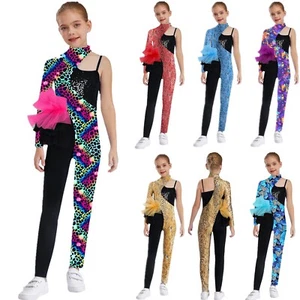 Kids Girls Bodysuit Ice Skating Unitard Printed Leotard Stylish Rompers Shiny - Picture 1 of 51