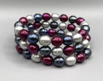Pulsera Honora anillada 7-8 mm FW perla elástica de 3 filas de plata de ley negra roja 7" Foto 1 de 4