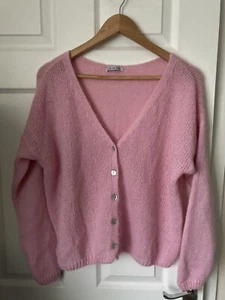 Lovely Cardigan Mohair Blend Italian V Neck Oversized L Pink Fluffy - Picture 1 of 7
