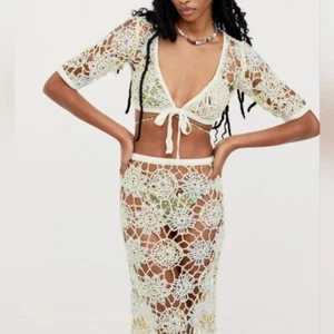 For Love & Lemons Sofia Set Swim Coverup See Through Crochet Crop Top Midi Skirt - Picture 1 of 13