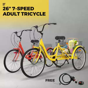 Adult Tricycle 26-inch 3 Wheels Bike 7-Speed Cruise Trike with Basket +Free Lock - Picture 1 of 8