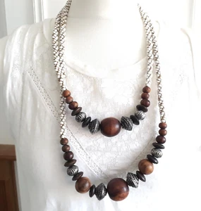 Vintage Chunky Statement wooden bead white porcelain Long Layering Necklace - Picture 1 of 8