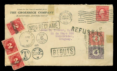 US 1915 POSTAGE DUES (US+URUGUAY) very interesting cover REFUSED/REBUTS & others - Image 1 of 2
