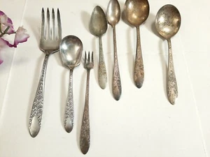 Antique National Silver A1 Roses and Leaf Silverplate Serving Spoon Fork, Ice Te - Foto 1 di 7