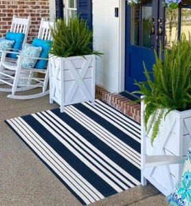 Blue and White Striped Rug 24'' x 51'' Outdoor Front Porch Rug Front Door Mat... - Picture 1 of 9