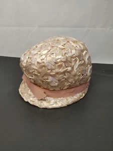 Vintage 60s Women's Ivory Straw Woven Hat Church Bowlero Cloche Style Pink Bow - Picture 1 of 11