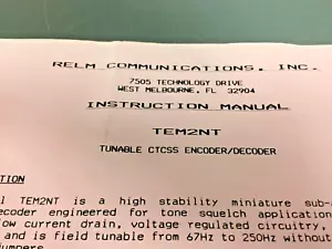 Vintage RELM TEM2NT abstimmbarer Encoder/Decoder Anleitung schwer zu findende Anleitungen - Bild 1 von 1