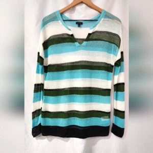 Talbots Womens Open Knit Top Size M Linen Coastal Stripes Resort Cruise Beachy - Picture 1 of 7