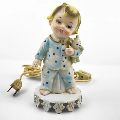 LÁMPARA DE MESA DE PORCELANA VINTAGE ALADDIN GIFTWARE BEBÉ NIÑO CON OSO Foto 1 de 4