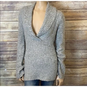 White House Black Market Sequin Cowl V Neck Pullover Sweater Gray S Small - Picture 1 of 7