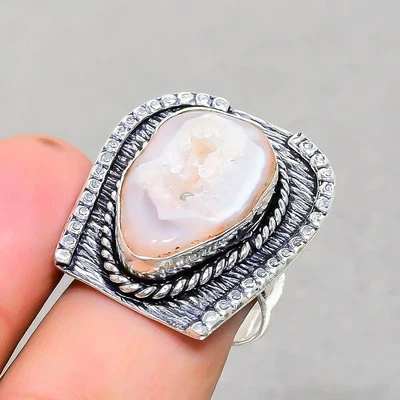 Anillo de joyería antigua de moda hecho a mano con piedras preciosas de ágata rosa de Botsuana 8,5" SR 1195 Foto 1 de 4