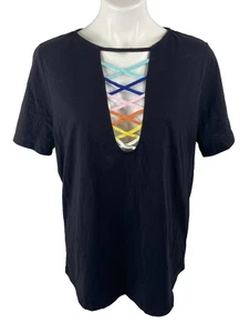 Bibi Damen T-Shirt Large schwarz bunt Kreuzgewebe V-Ausschnitt neu mit Etikett - Bild 1 von 9
