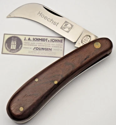 Vintage JA SCHMIDT SOLINGEN Hawkbill Knife Smooth Wood Handles Unused Near Mint - Image 1 of 4
