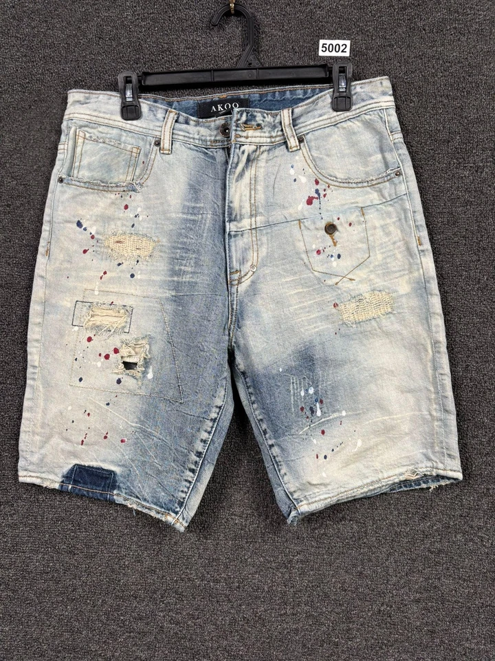 Pantalones Cortos de Denim AKOO Para Hombres 32 Azul Claro Lavado Pintura Envejecida Salpicaduras Ajuste Estándar Foto 1 de 4