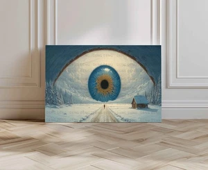 Surreal Giant Eye Winter Landscape Canvas Giclee Print, Cabin Wall Art Decor - Picture 1 of 5