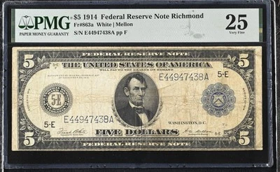 $5 1914 Federal Reserve Note Richmond White Mellon Very Fine 25 PMG  - Image 1 of 2