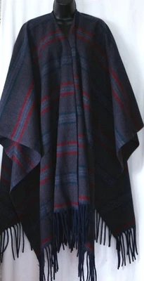 Vintage PENDLETON Navy Strpd Fringed Wool Ruana Cape 35 In Lng Sz Onesize EXC - Image 1 of 4