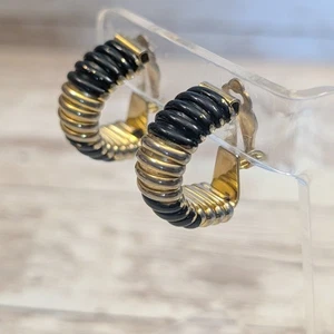 Vintage Ohrclips - goldfarben & schwarz klobig gewellt - Farbabplatzer - Bild 1 von 11
