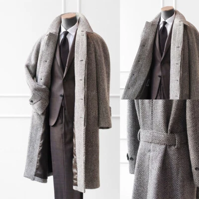 Men Long Overcoat Gray Herringbone Wool Blend Coat Winter Business Outwear - Image 1 of 4