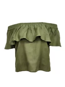 HoodLamb Women's Olive Ruffle Off Shoulder Hemp Top 420 NWT - Picture 1 of 1