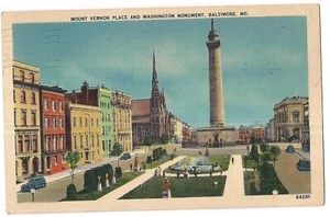 Lino cartolina Mount Vernon Place Washington Monument Baltimora Maryland MD 1940 - Foto 1 di 2