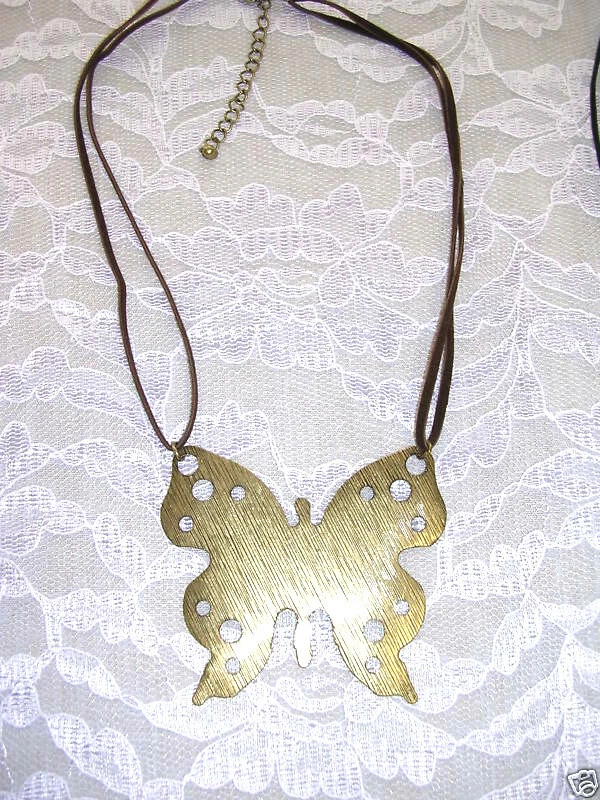 GIANT BRASS BUTTERFLY PENDANT ON BROWN VELVET CORDING 16 - 19" NECKLACE ADJUST - Image 1 of 1
