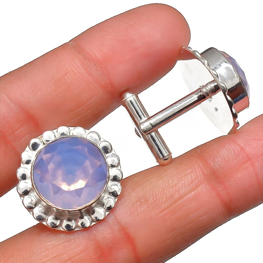 粉色黄玉宝石手工 925 纯银珠宝袖扣 — 第 1/1 张图片