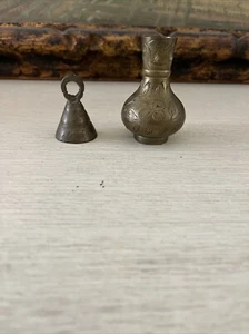 Lot Of 2-1 Vtg Solid Brass Mini Bell Etched & 1 Vtg Solid Brass Mini Floral Vase - Picture 1 of 10