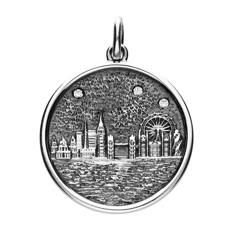 925 Argento Sterling Londra Skyline con Zirconia Cubica Collana Ciondolo Grande - Immagine 1 di 1