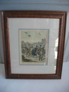 1858 Gerahmter handkolorierter Druck Falkner Jagdgesellschaft Pferde Reiher Chevalier - Bild 1 von 8