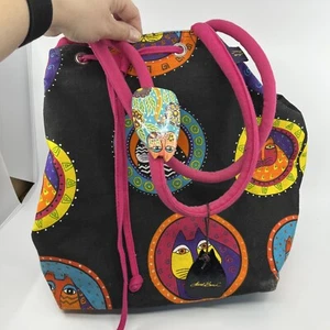 Laurel Burch Indigo Cats Large Shoulder Canvas Cinch Top Tote bag luggage Charm - Picture 1 of 16